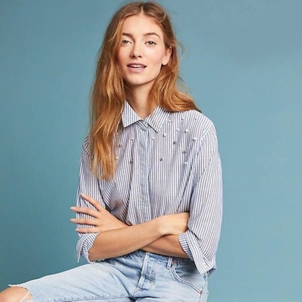 Anthropologie Rails Pearl Button-down Blue White Stripe L elevated basic Hampton